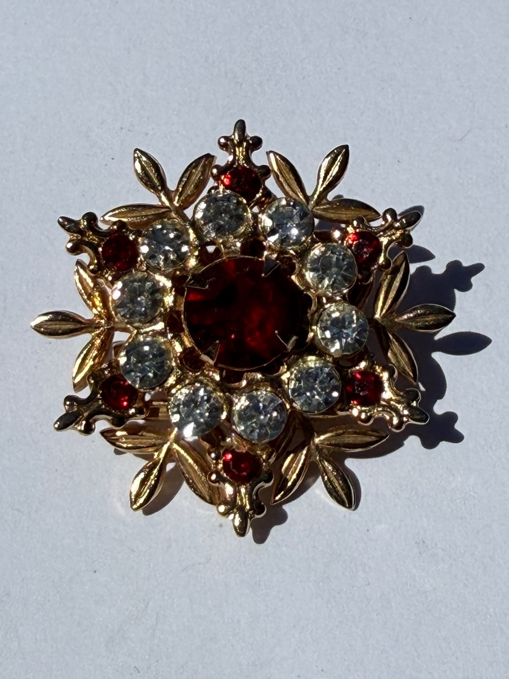 Vintage Gold-Tone Red & Clear Crystal Layered Floral Brooch